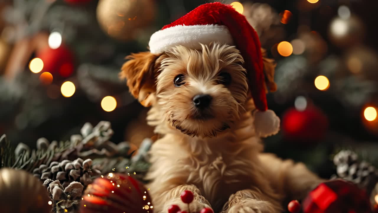 Puppy in Santa hat by Christmas tree. Cute puppy wearing a Santa hat sits among Christmas decorations and lights, showcasing festive cheer and charm
