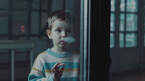 young boy looking through a window