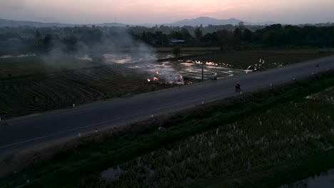 rice paddy fields with burning vegetation at sunset/sunrise