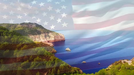 Animation-Der-Flagge-Der-USA,-Die-über-Die-Strandlandschaft-Weht