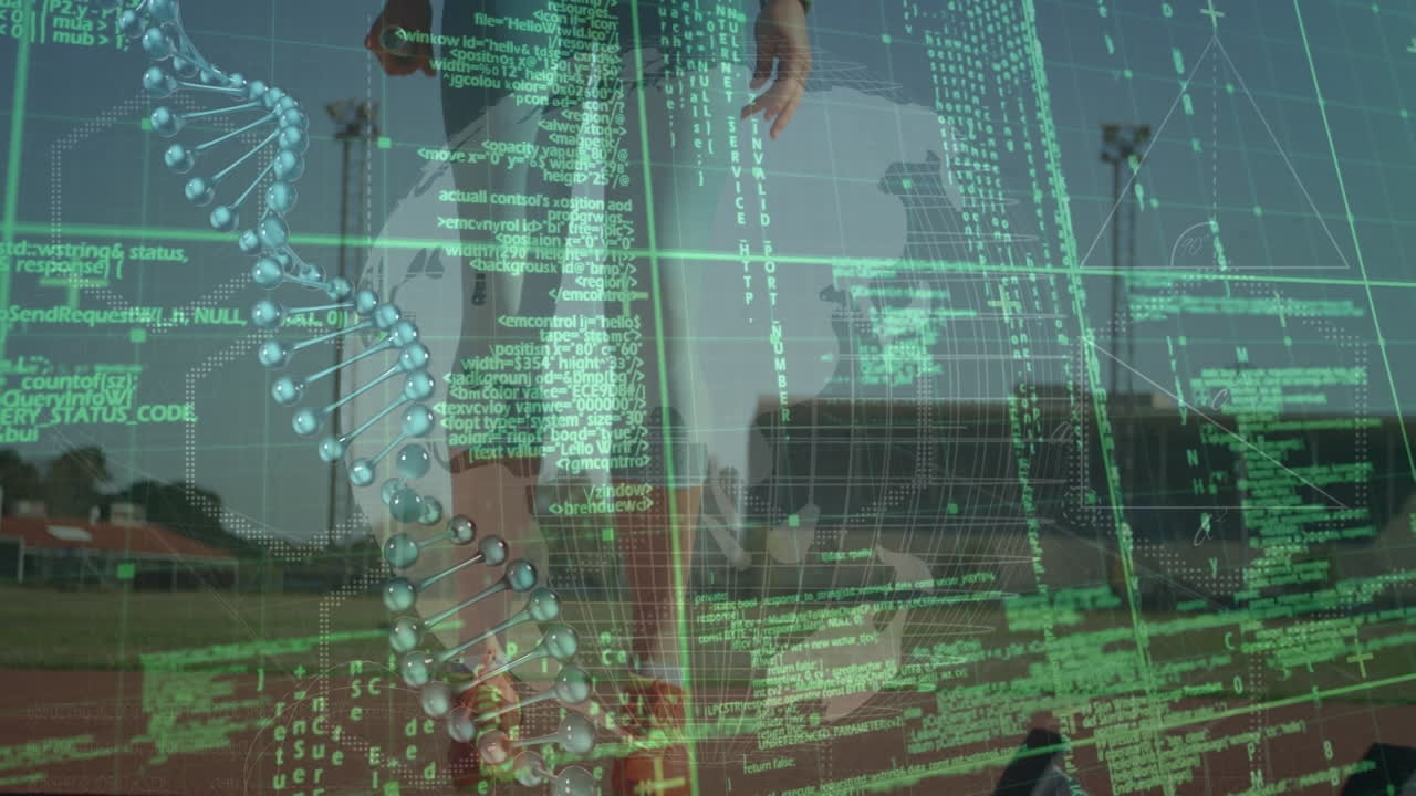 animação de processamento de dados e cadeia de dna com globo sobre mulher caucasiana saltando