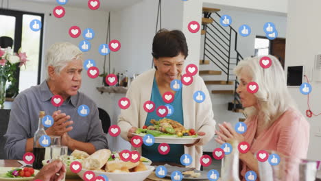 senior woman holding platter of roast chicken at table, boosting food marketing with floating icons