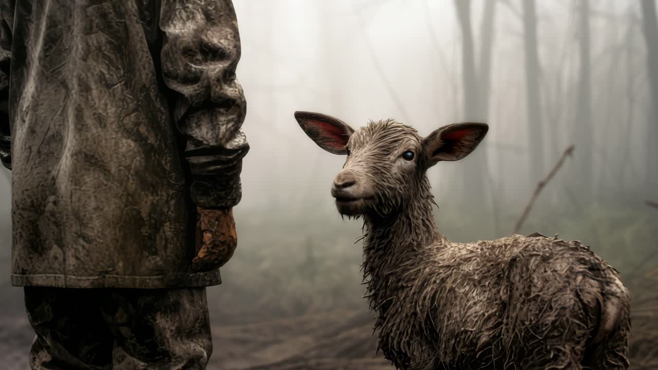Forest gamekeeper wearing weathered clothing standing amid misty woodland, holding muddy young deer near dense trees, capturing atmospheric connection between wilderness caretaker and wildlife