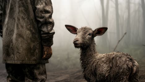 forest gamekeeper wearing weathered clothing standing amid misty woodland, holding muddy young deer near dense trees, capturing atmospheric connection between wilderness caretaker and wildlife