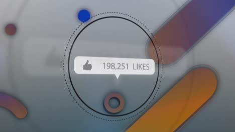 animation of text likes, with thumb up and increasing number, over colourful shapes, on grey