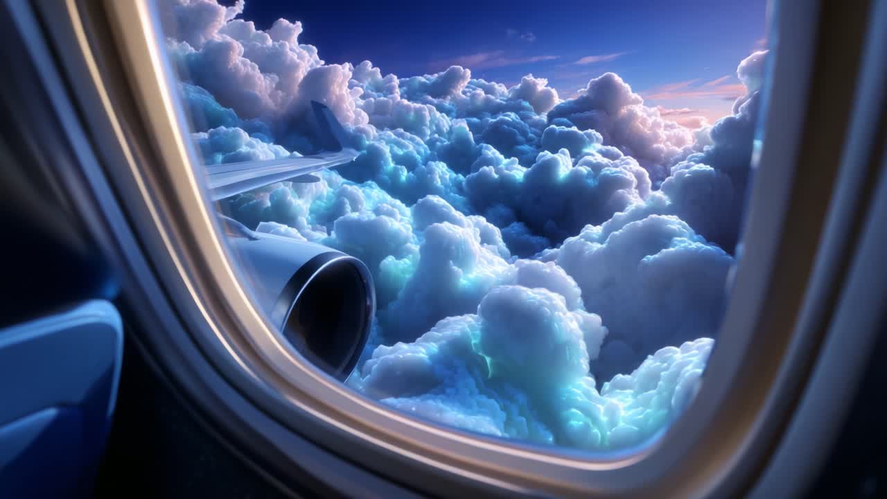 Experiencing the Majestic Beauty of Clouds from an Airplane Window, the Soft Pillowy Structures Reflecting Vibrant Colors of the Sky During a Serene Flight, Offering a Unique Perspective on Nature's Splendor