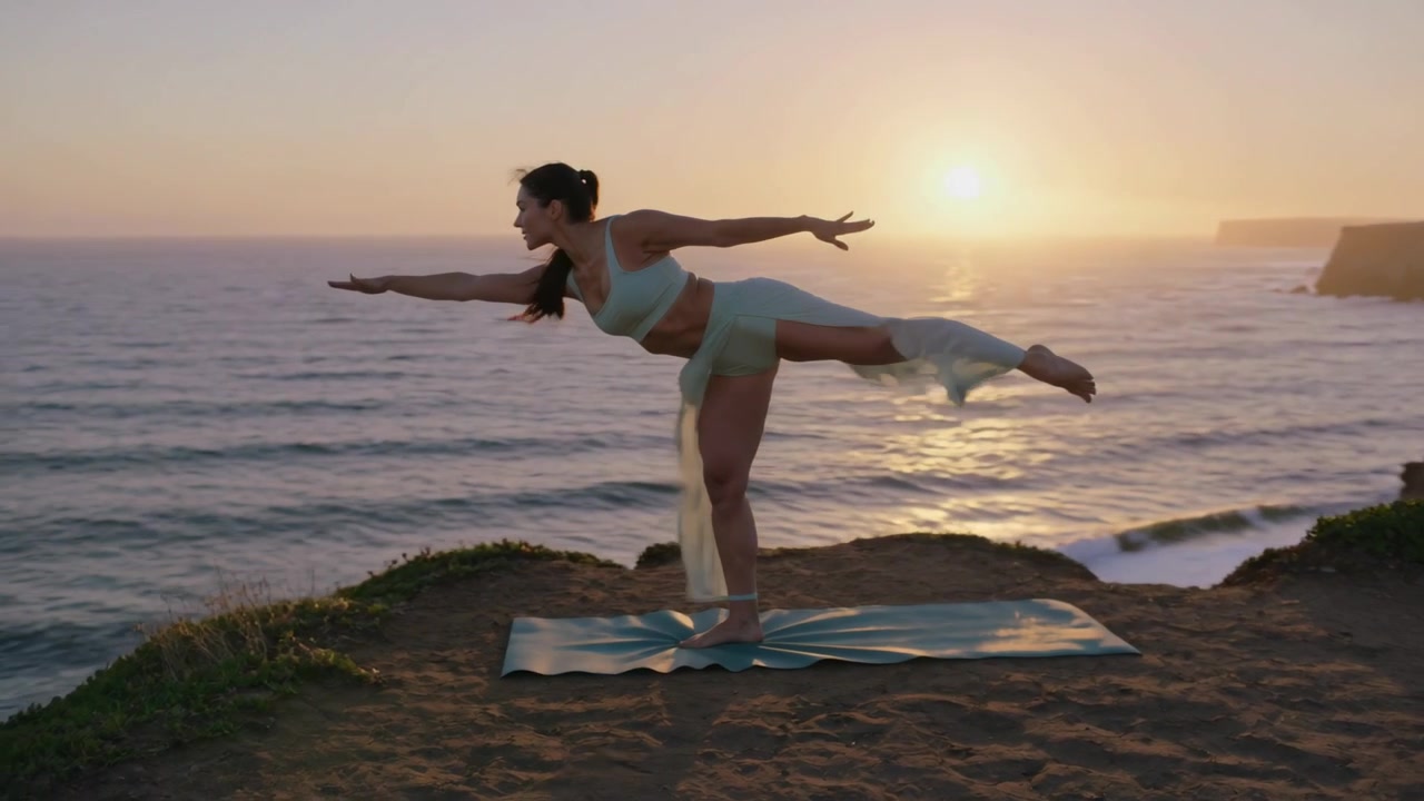 Eine Frau balanciert auf einer Yogamatte an einer Klippe und trainiert auf einem Bein, während die Sonne untergeht; sie trägt einen Sport-BH und ein Wickeltuch.
