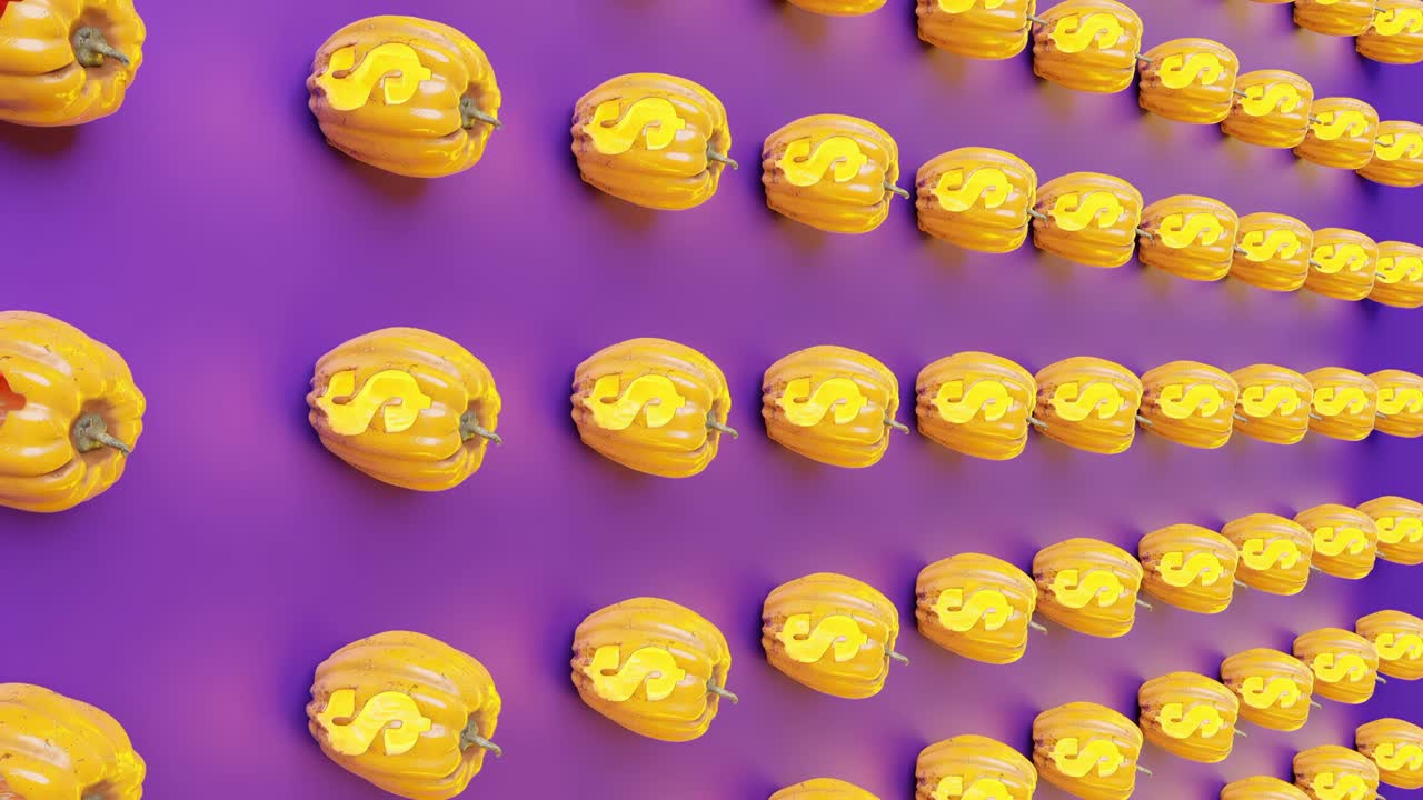 patrón de decoración de calabaza con signo de dinero en fondo púrpura