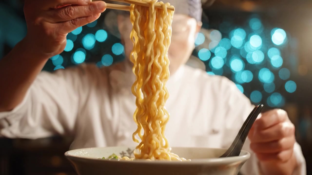 Uno chef esperto prepara delicatamente una ciotola di noodles fumanti con le bacchette, esaltando l'arte culinaria su uno sfondo onirico di luci scintillanti e vapore.