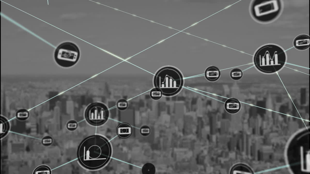 Animación de red de iconos digitales sobre vista aérea de paisaje urbano