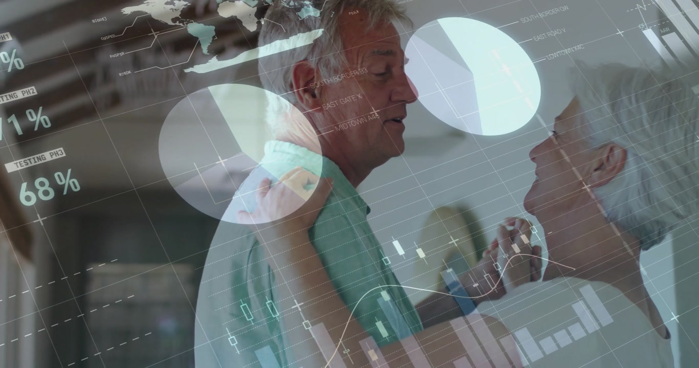 Animation of financial data processing over senior caucasian couple dancing
