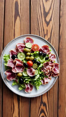gourmet ham and fresh salad platter with olives and vegetables