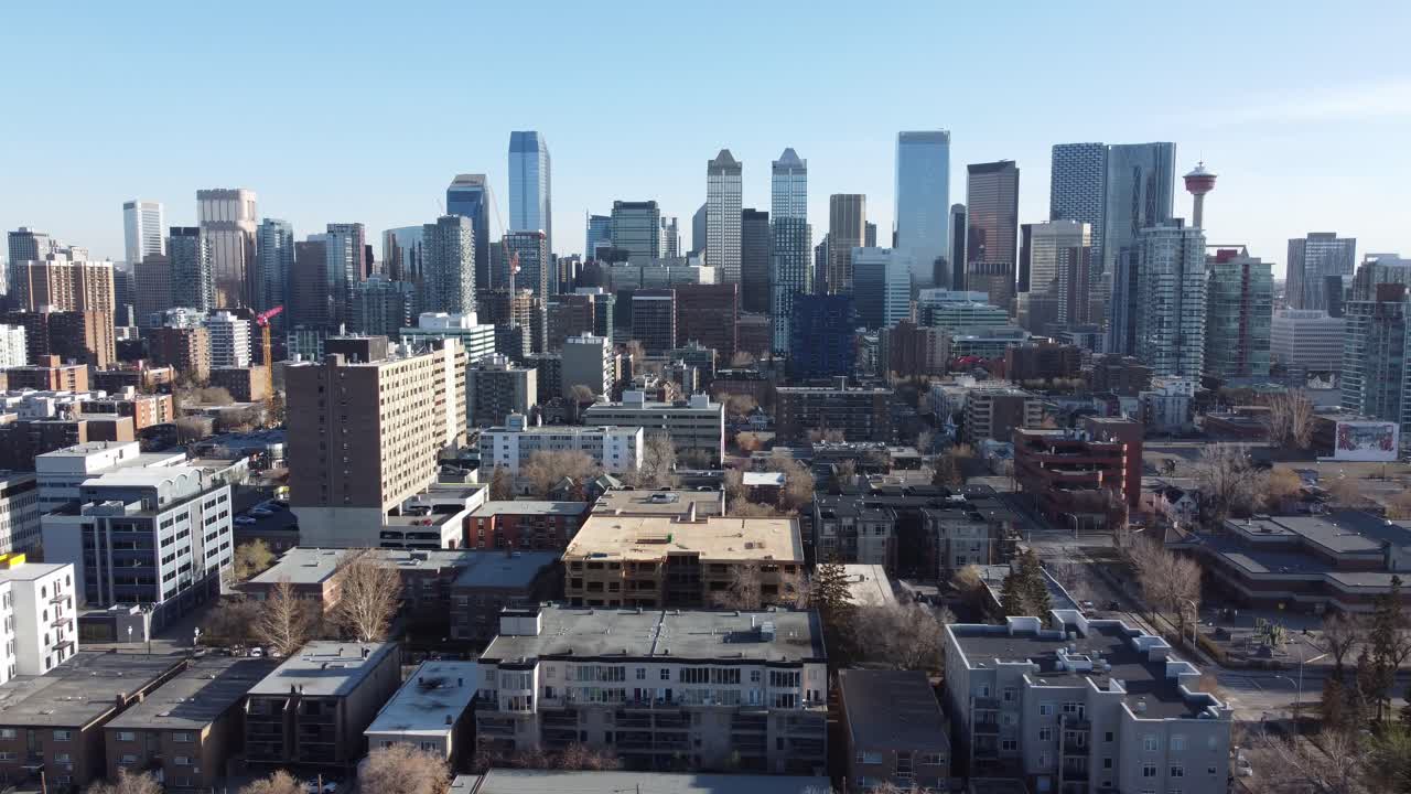 Aerial view of Calgary's inner-city neighbourhood of Mission on an early spring morning