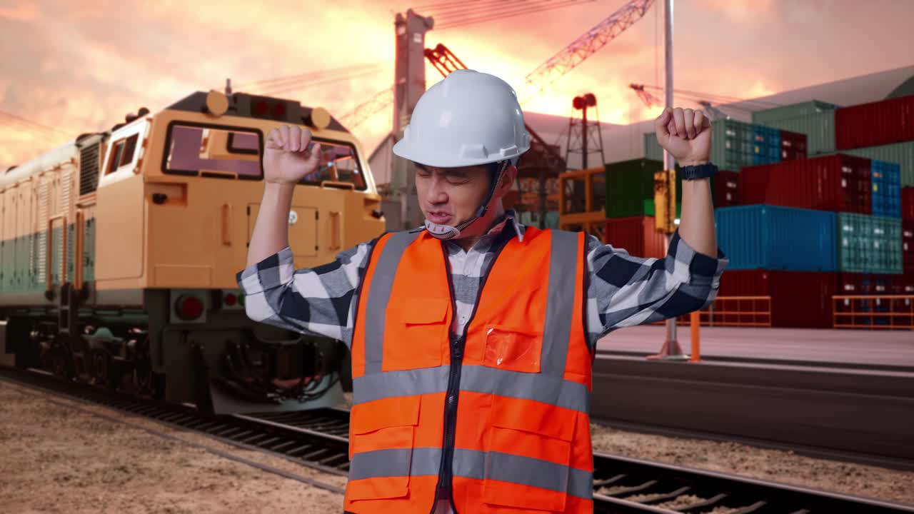 Engineer Celebrating at Port with Train Background