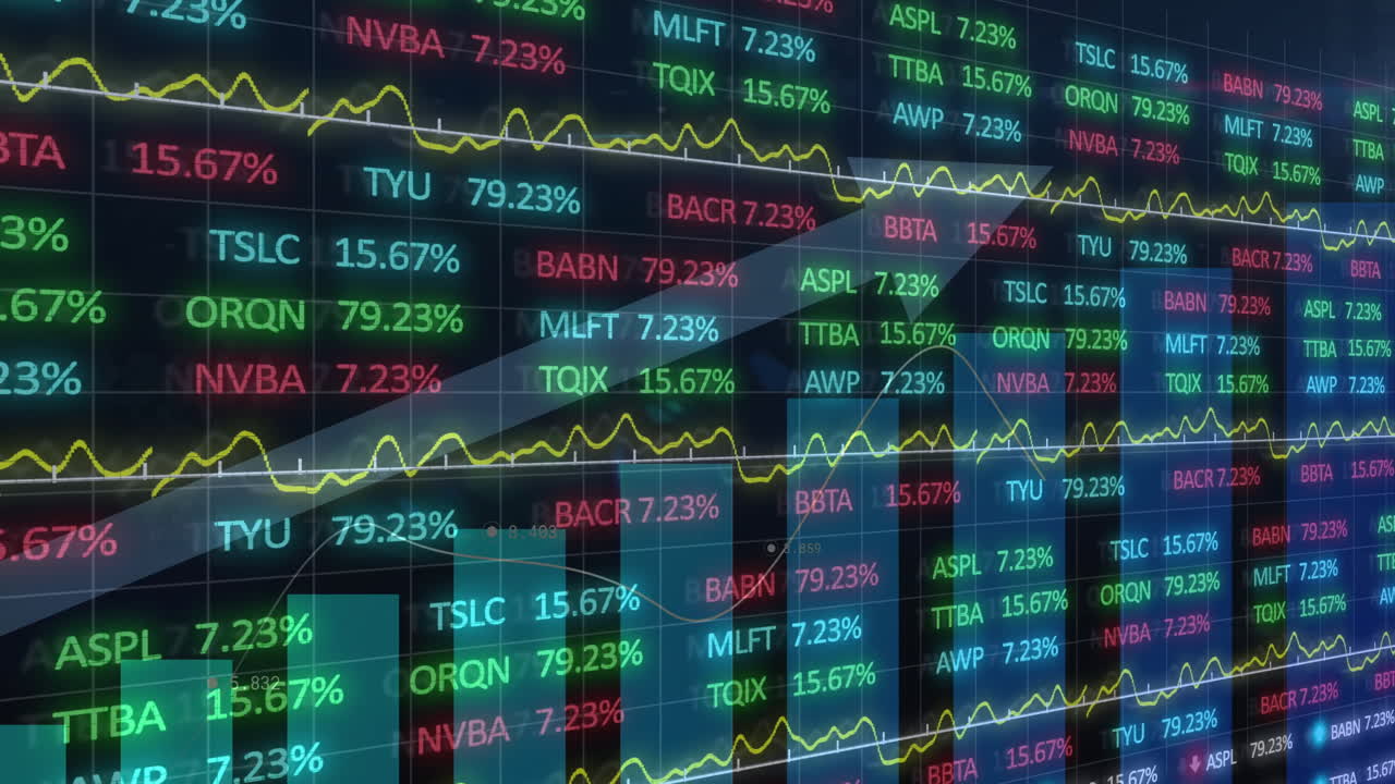 Animazione di dati e tendenze del mercato azionario su grafici finanziari