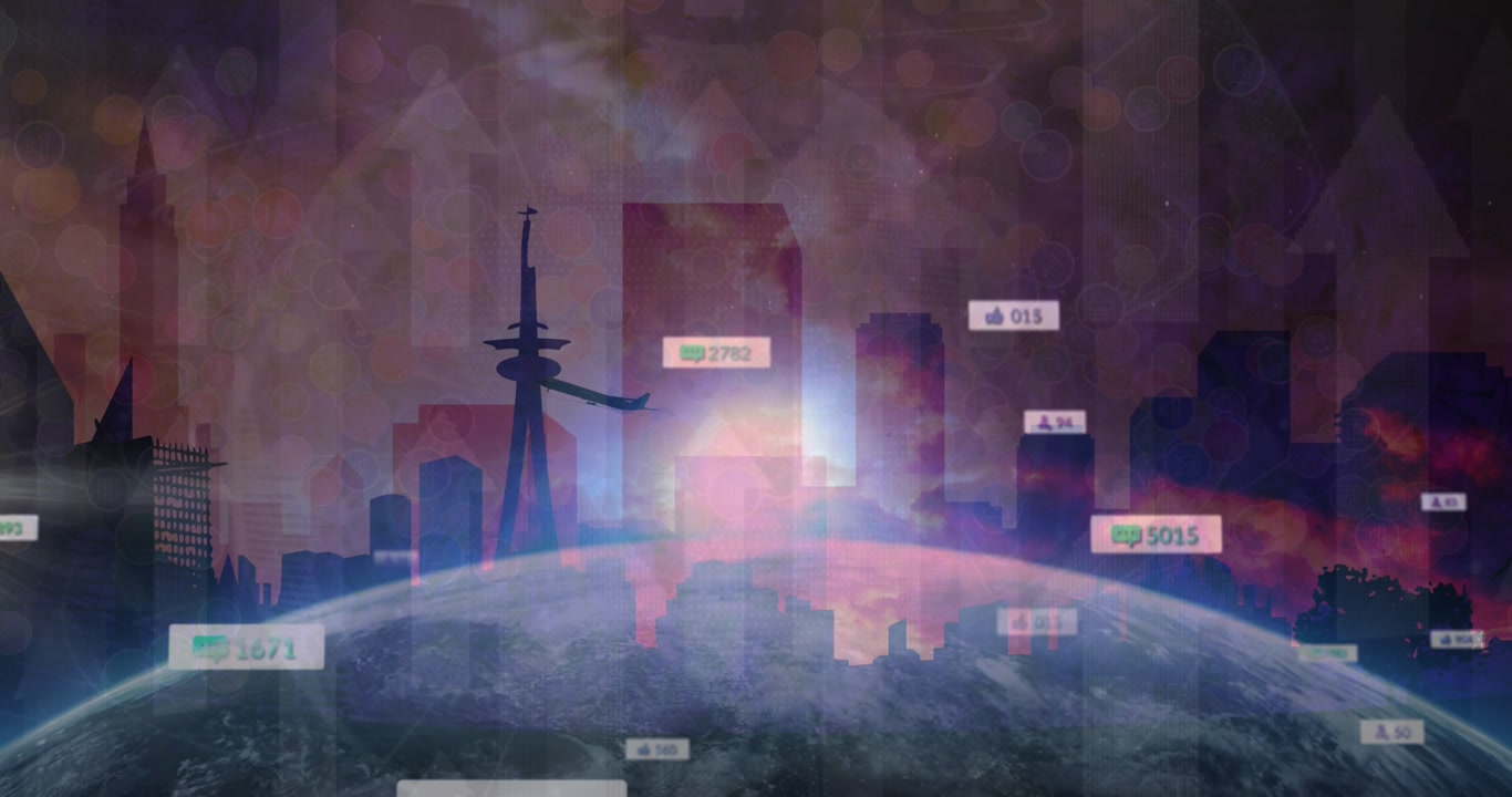 Animation of media icons and arrows over cityscape