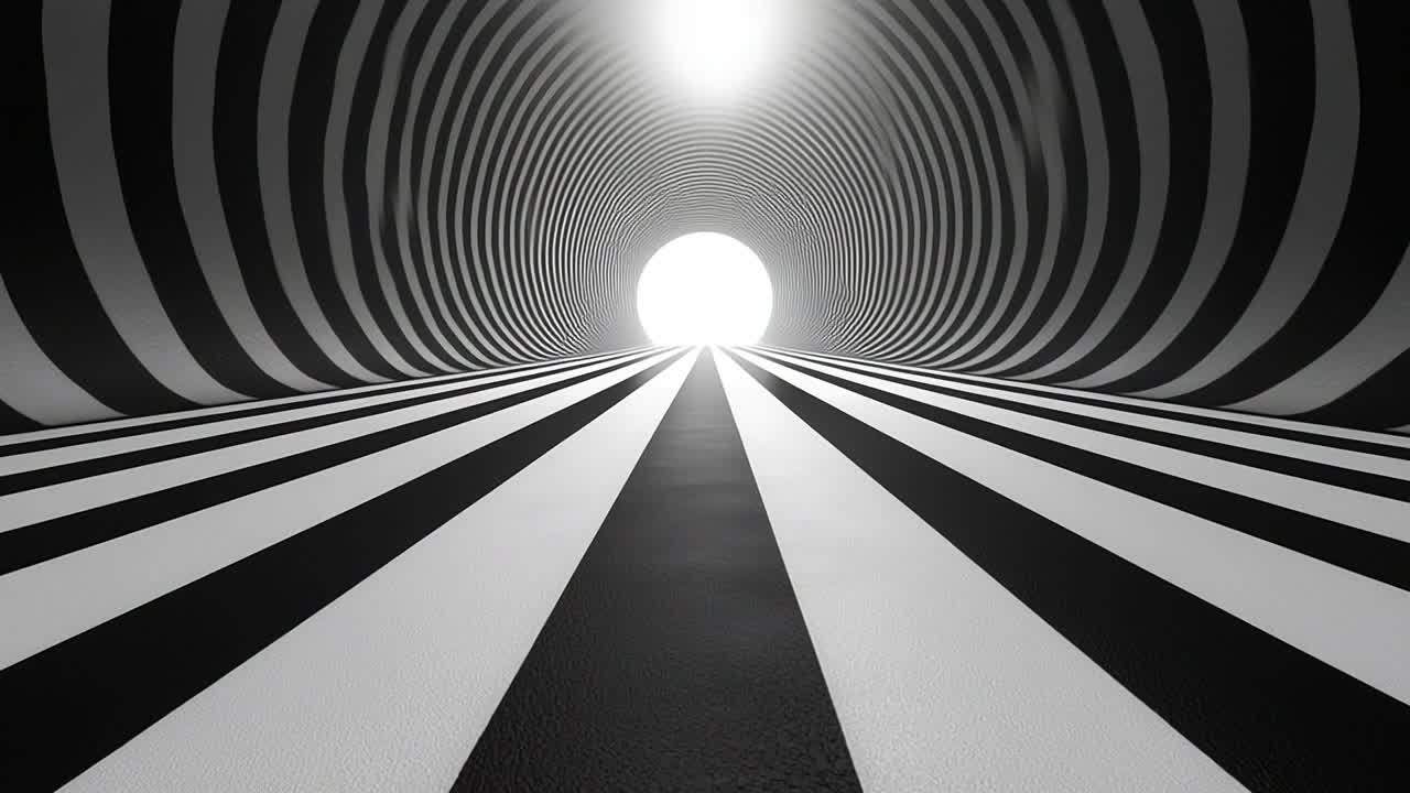 Bold black and white tunnel. A visually captivating tunnel features bold black and white stripes leading towards a bright light at the end.