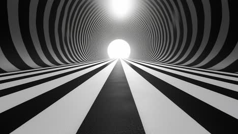 bold black and white tunnel. a visually captivating tunnel features bold black and white stripes leading towards a bright light at the end.