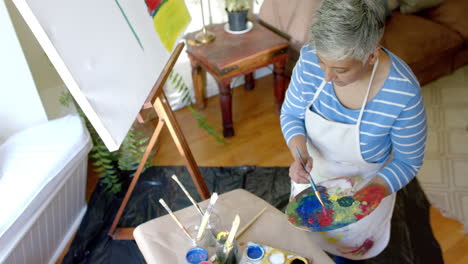 Mujer-Birracial-Mayor-Usando-Delantal-Y-Mezclando-Colores-En-La-Paleta-En-Casa,-Cámara-Lenta