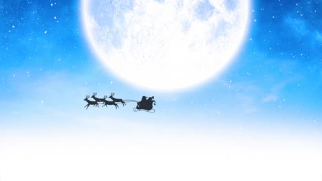 Animation-of-santa-claus-in-sleigh-with-reindeer-over-snow-falling-on-winter-landscape
