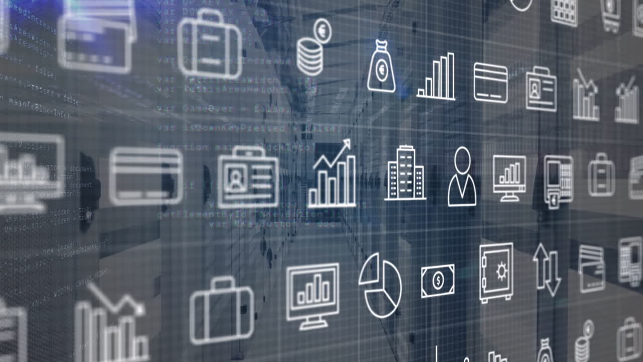 animación del procesamiento de datos y los iconos comerciales en la sala del servidor