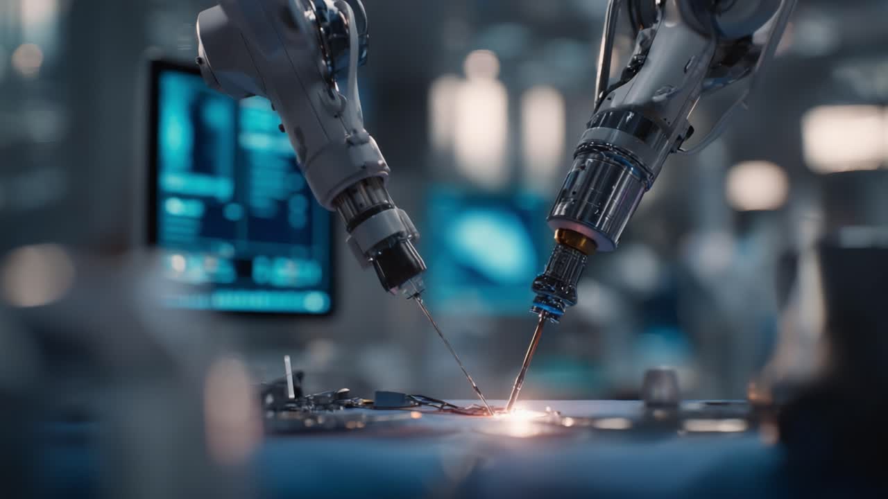 Advanced Robotic Arms Performing Precision Welding on Circuit Boards in a High-Tech Manufacturing Environment, Showcasing Innovative Automation Techniques