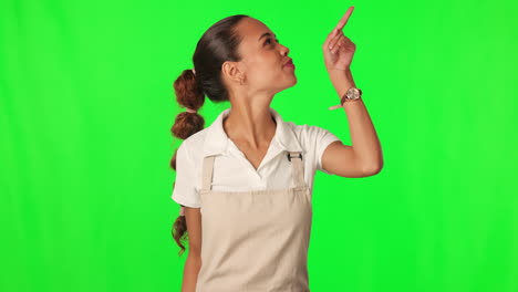 Face,-green-screen-and-woman-pointing
