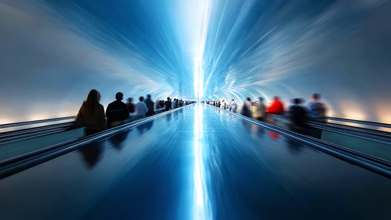 A mesmerizing futuristic corridor captured in motion, showcasing the ethereal glow and fluidity of light, where people traverse through an illuminated passage, embodying the essence of modern movement