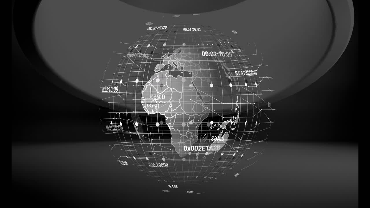 Animation of data processing and globe over gray circle