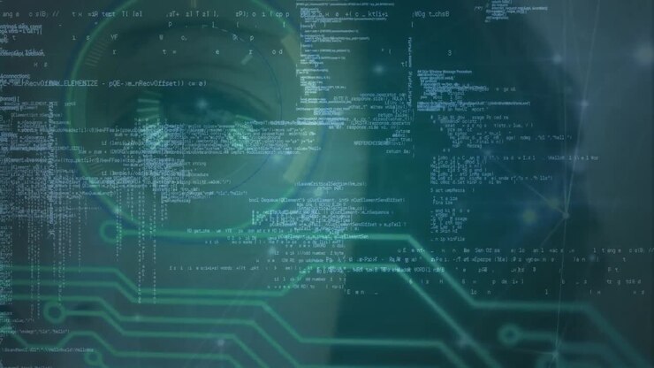 Animation of data processing with hud elements on digital interface against caucasian woman eye