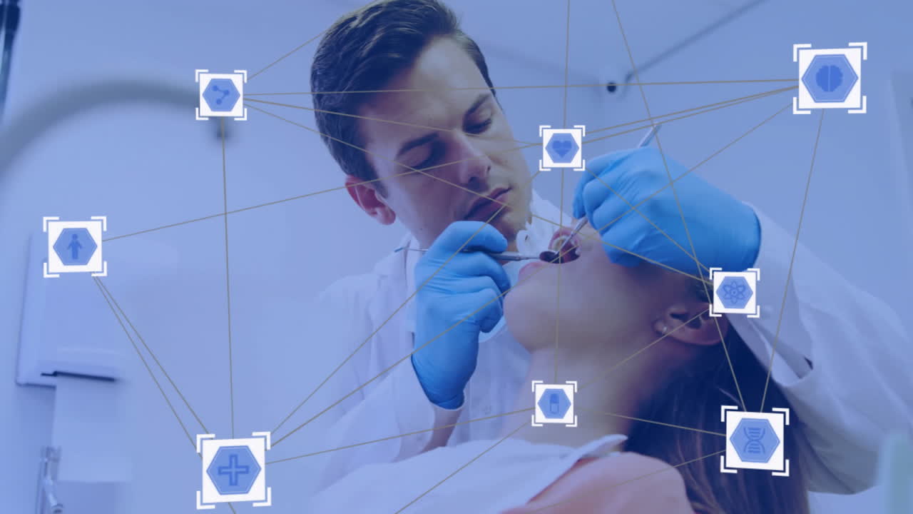 dentista tratando al paciente con herramientas dentales, animación de red conectada sobre la escena