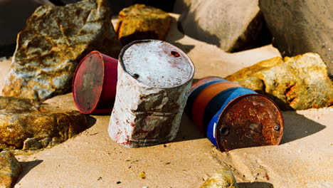 viejo barril de petróleo en la playa de arena