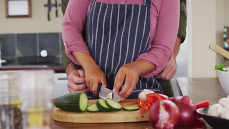 Midsection-of-happy-diverse-couple-preparing-food-in-kitchen,-chopping-vegetables-and-embracing