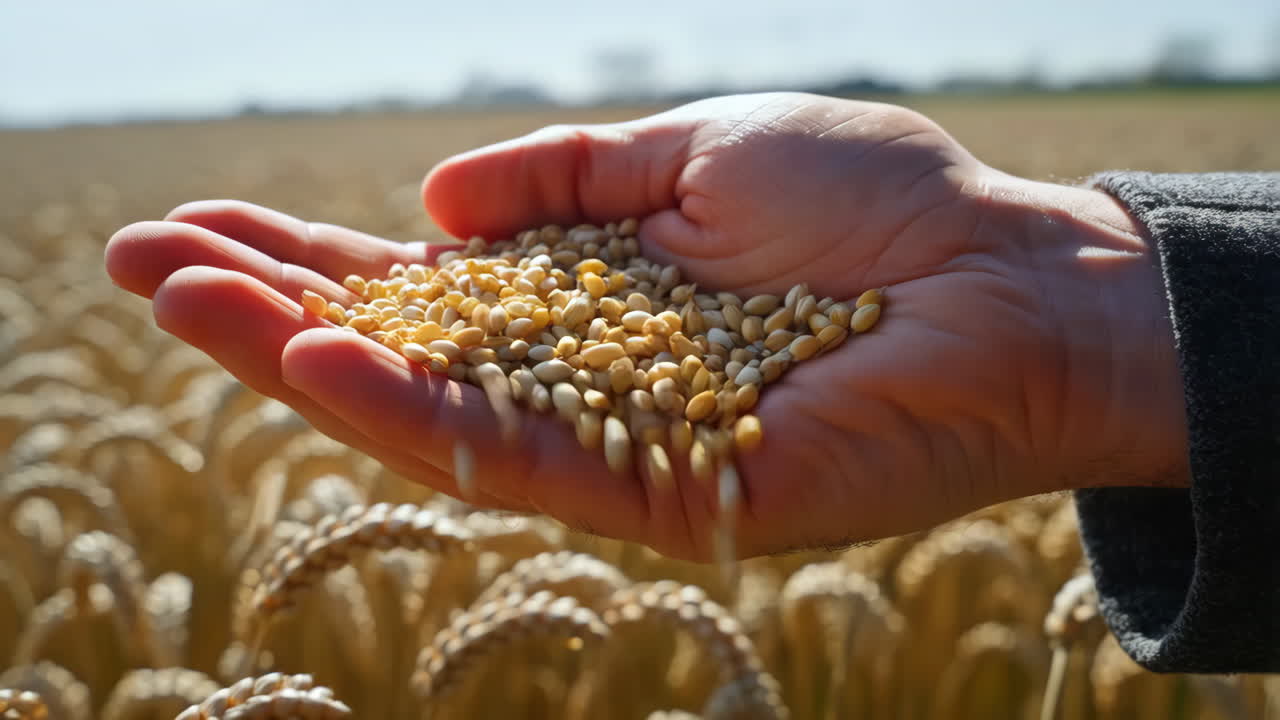 A hand holding wheat grains in a golden field