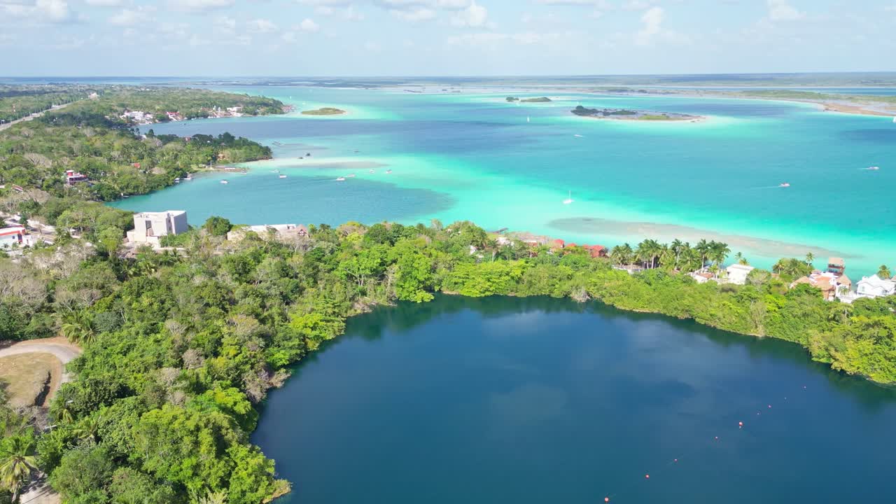 Bacalar, Mexico, aerial view of beautiful lagoon with vibrant turquoise waters