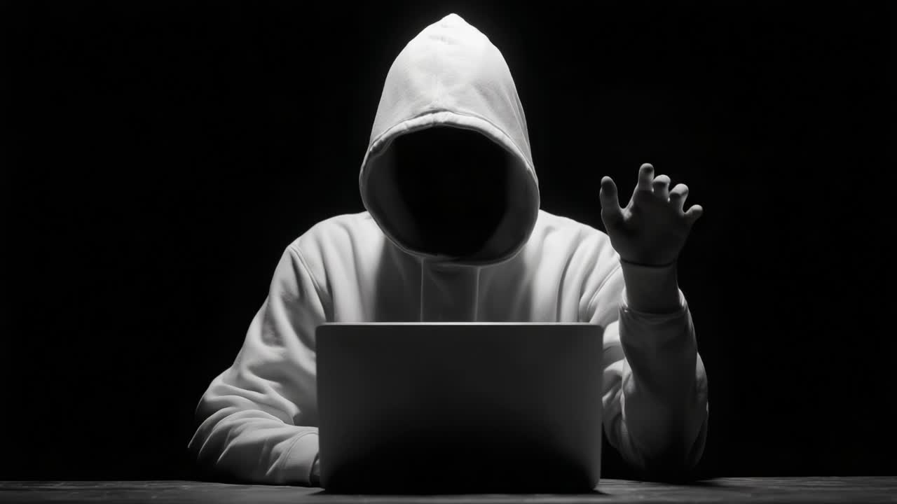 Mysterious Figure in Hoodie Communicating via Laptop in Dark Setting, Eliciting Feelings of Intrigue and Suspense in Shadowy Atmosphere