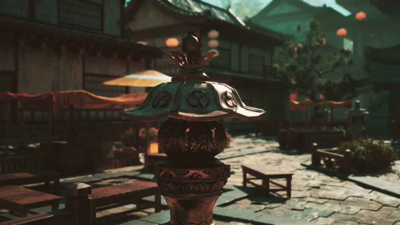 전통적인 마을에서 일본 랜턴의 클로즈업