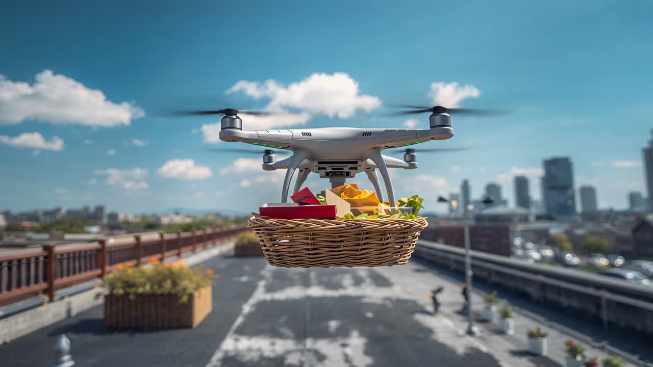 Rotors starting drone hovering, moving forward on rooftop carrying wicker basket for food delivery
