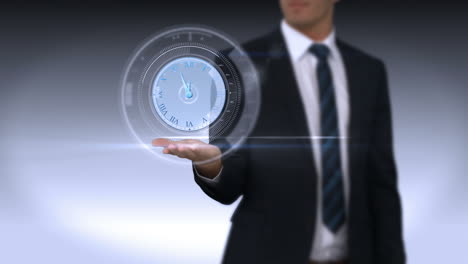 a businessman holding virtual clock