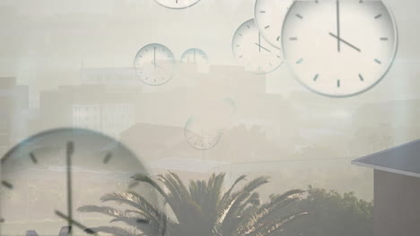 floating clocks animation over cityscape with palm trees in foreground