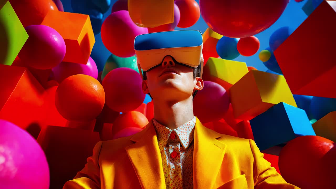 A person immersed in a vibrant virtual reality experience, surrounded by colorful geometric shapes and spheres, showcasing the fusion of technology and creativity in a captivating environment