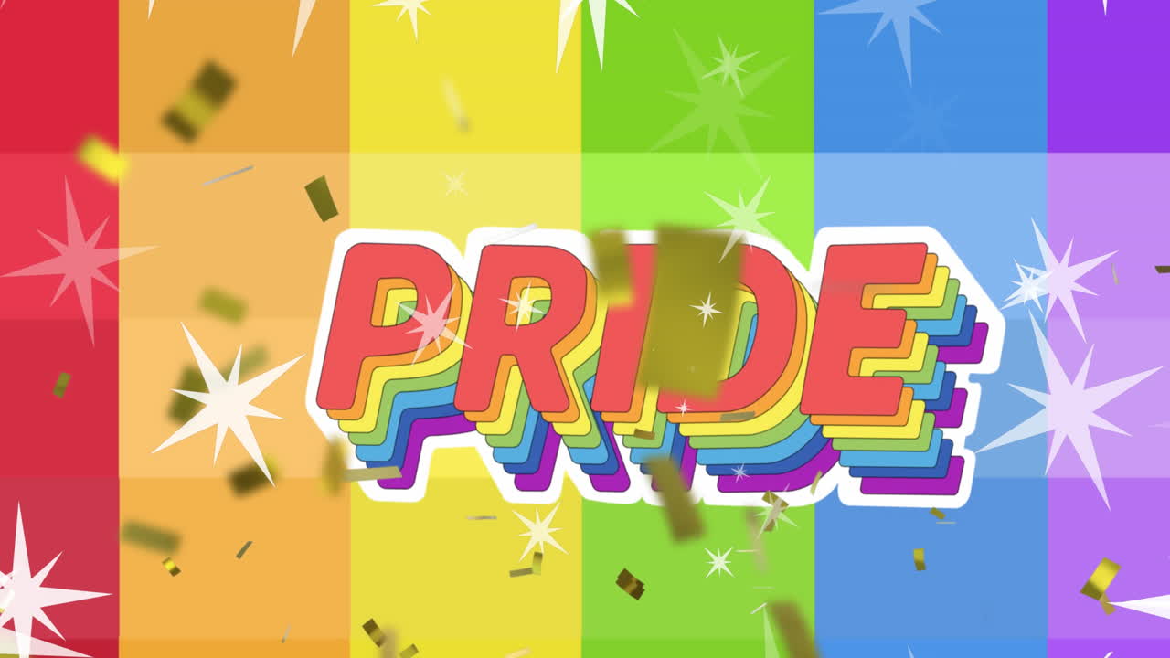 animación de orgullo lgbtq texto y confeti cayendo sobre el fondo del arco iris