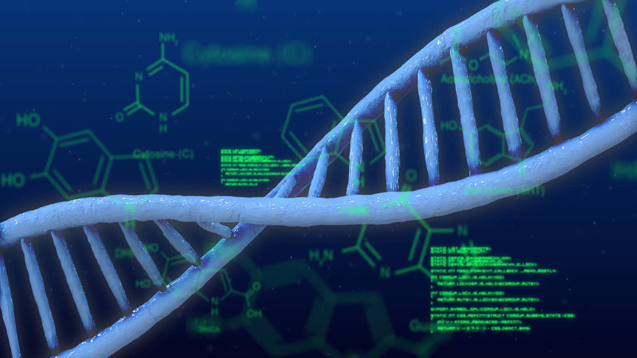 Data processing over DNA and chemical structure against blue background