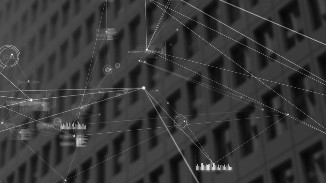 Flat design pattern showing network overlaying office facade, featuring circular nodes, bar charts