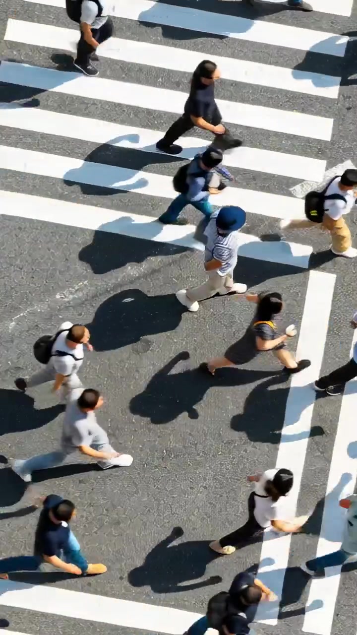 Video verticale: Ripresa di pedoni che attraversano un passaggio pedonale per recarsi al lavoro, con zaini