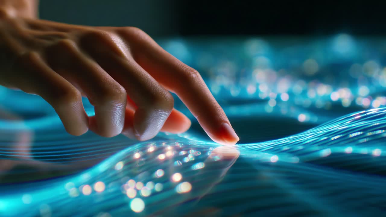 A Close-Up of a Hand Gently Touching a Futuristic Surface with Flowing Light Patterns and Digital Waves, Capturing the Interaction Between Nature and Technology in a Striking Visual Display