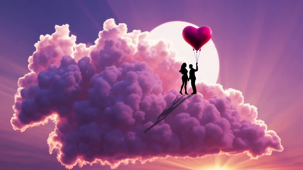 Romantic Couple on Cloud with Heart Balloon at Sunset
