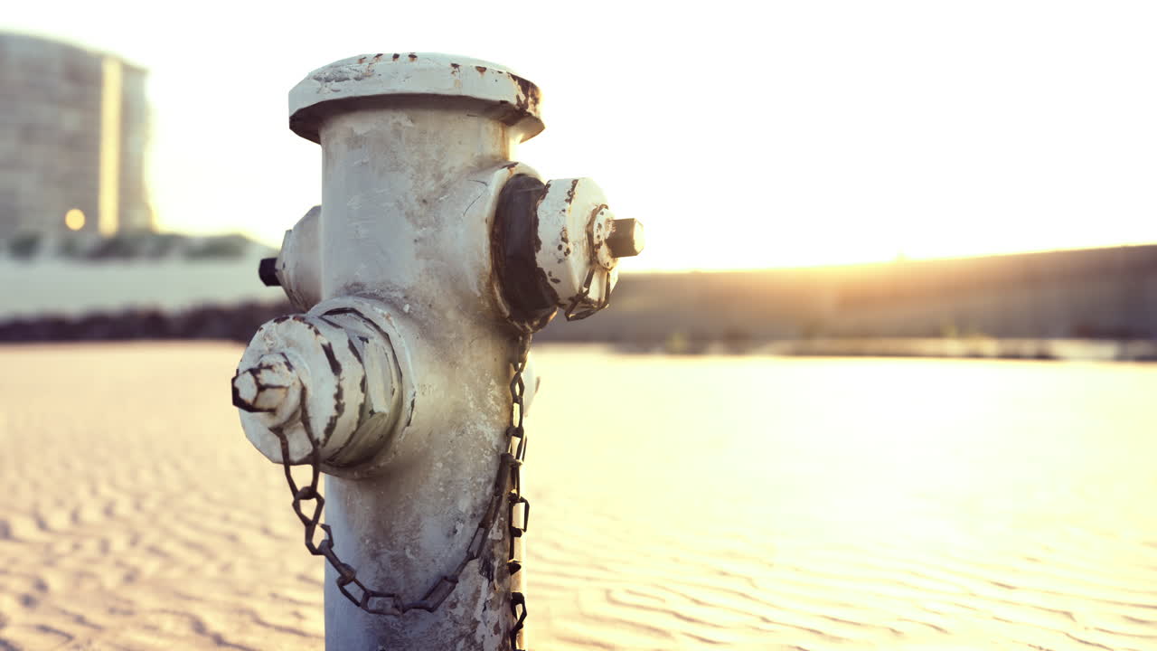 Fire hydrant standing alone by the beach at sunset