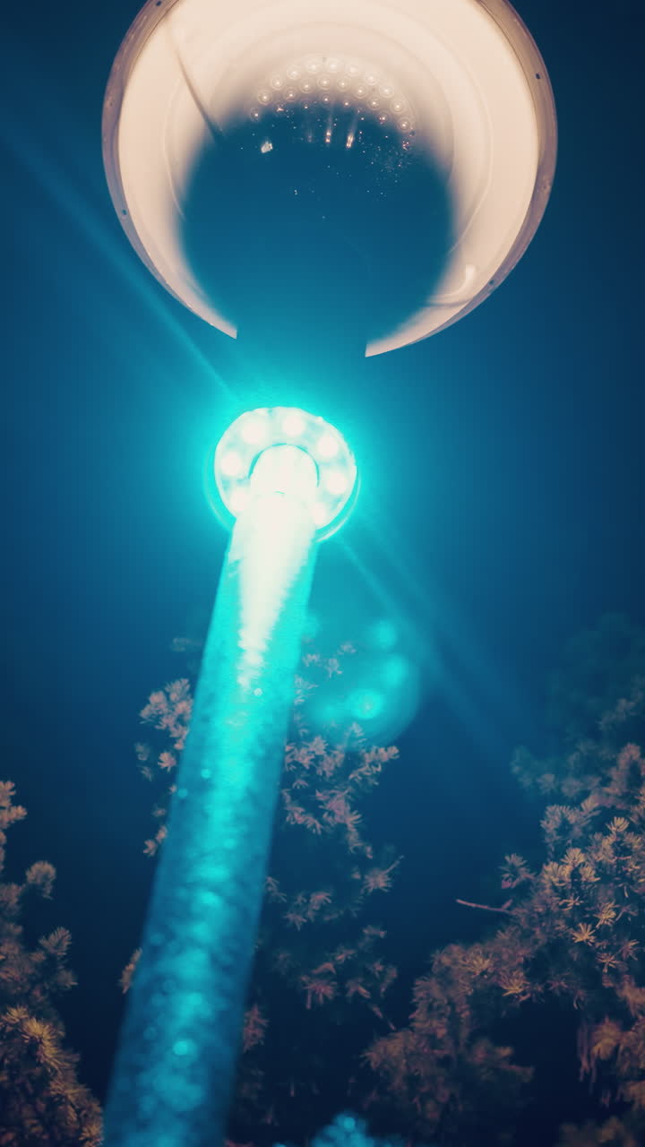 una vista de cerca de una luz de la calle brillantemente iluminada por la noche, proyectando un resplandor azul con la silueta de un árbol en el fondo