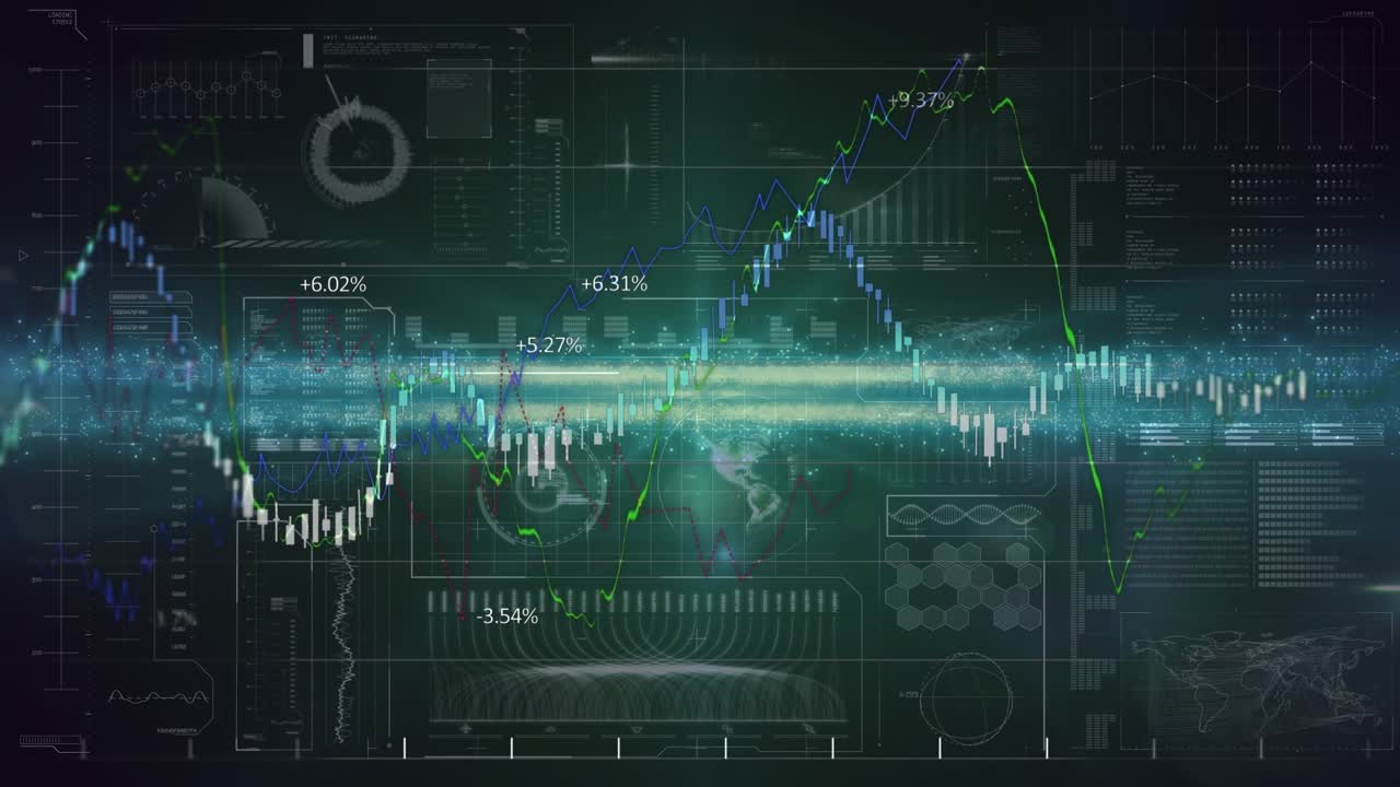 Animation of green digital screen with diverse data processing, graphs rate and lights